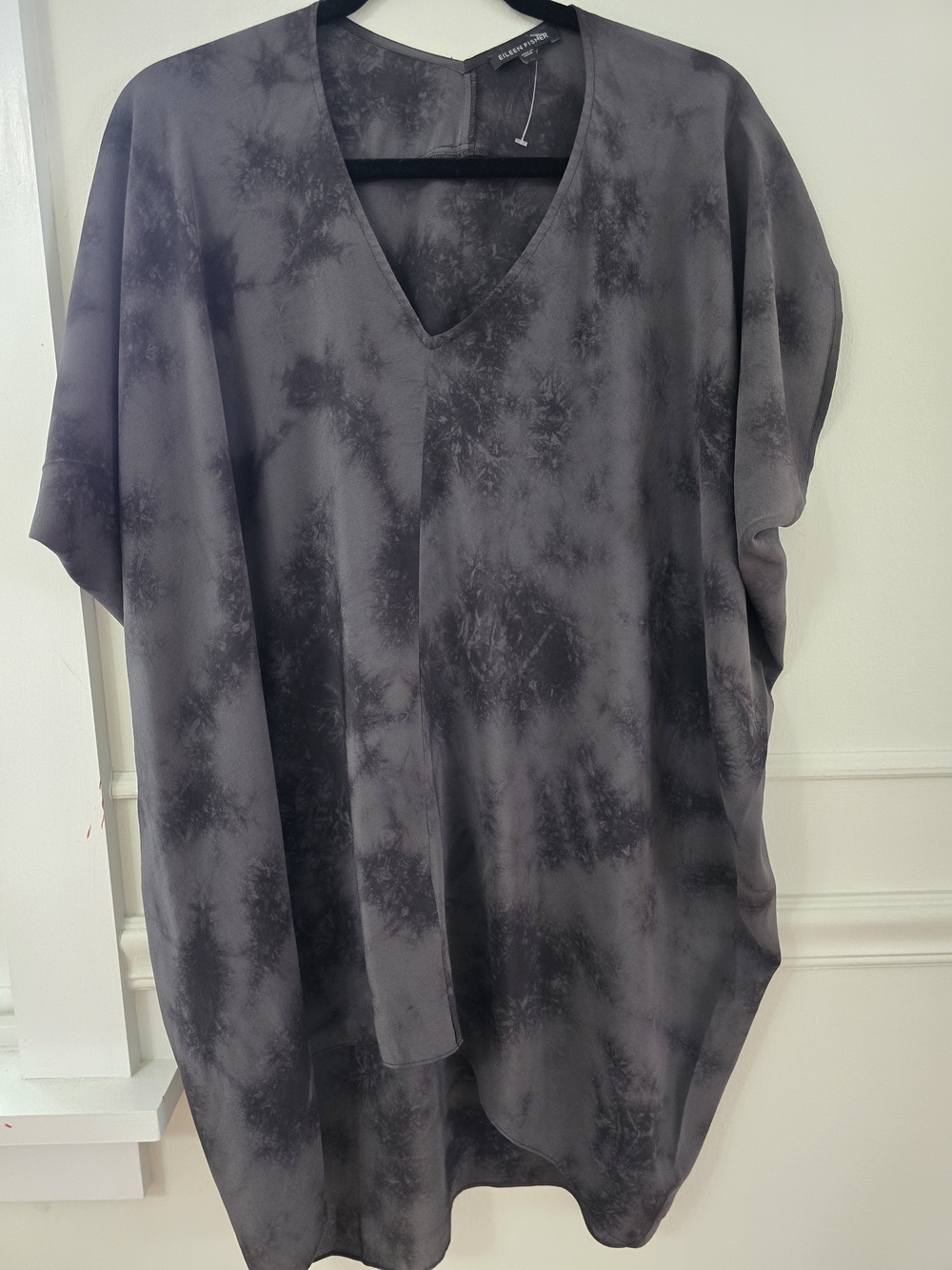 Eileen Fisher Silk Tie-Dye V-Neck Dolman Tunic Top - Charcoal Gray